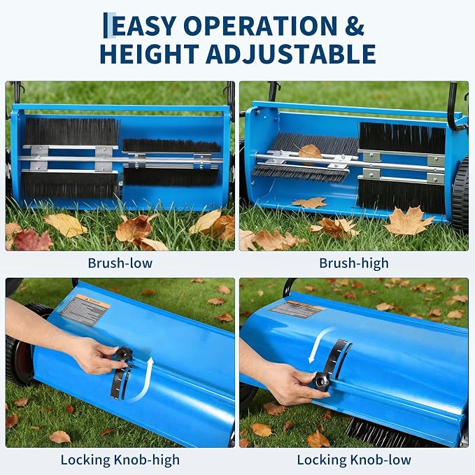 Steel 26 Inch Push Lawn Sweeper with 7 Cu ft Hopper Bag | Walk Behind Heavy Duty Leaf Collector and Yard Sweeper, Adjustable Brush Height for Patio Driveway & Garden Grass