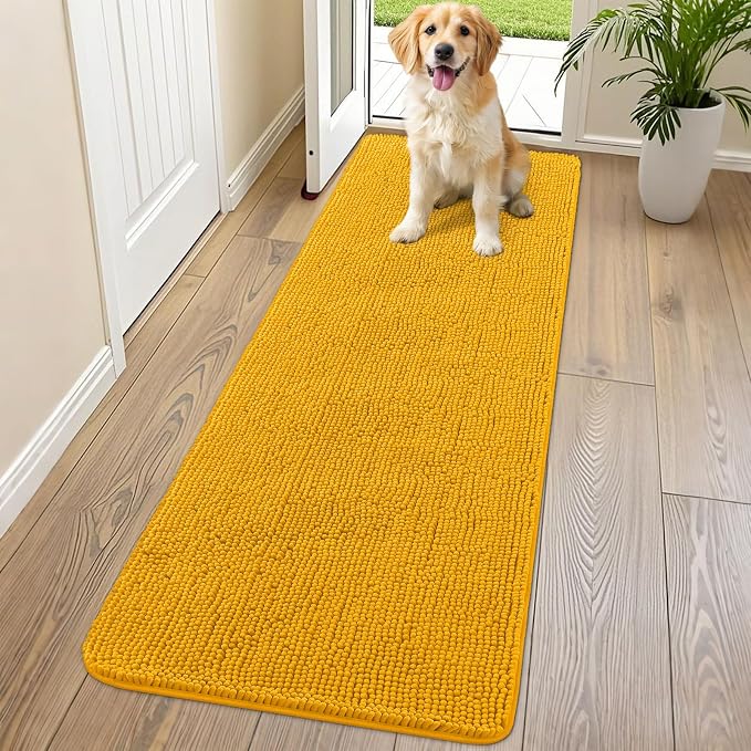 Smiry Dog Door Mat for Muddy Paws 70x24, Absorbent Dirt Trapper, Non-Slip Washable Chenille Entryway Rug for Inside Floor, Golden Yellow, Classic Solid