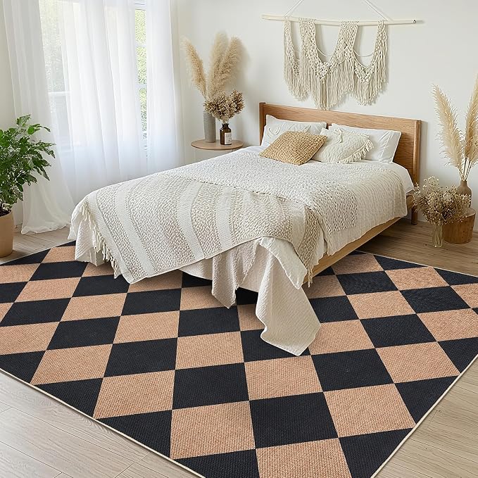 GarveeHome Checkered Easy Jute 5x7 Area Rugs for Living Room Machine Washable Non-Slip Backing Stain Resistant Modern Indoor Outdoor Rugs for Farmhouse Dining Room Patio Black Tan