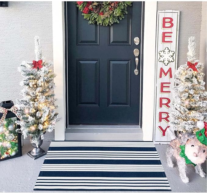 OJIA Front Door Mats Outdoor Welcome Mat 2'x3' Striped Rugs Porch Decor | Washable Cotton Woven Indoor Outdoor Rugs Farmhouse Small Area Rug Layered Doormat for Entryway/Kitchen/Entrance/Patio Decor