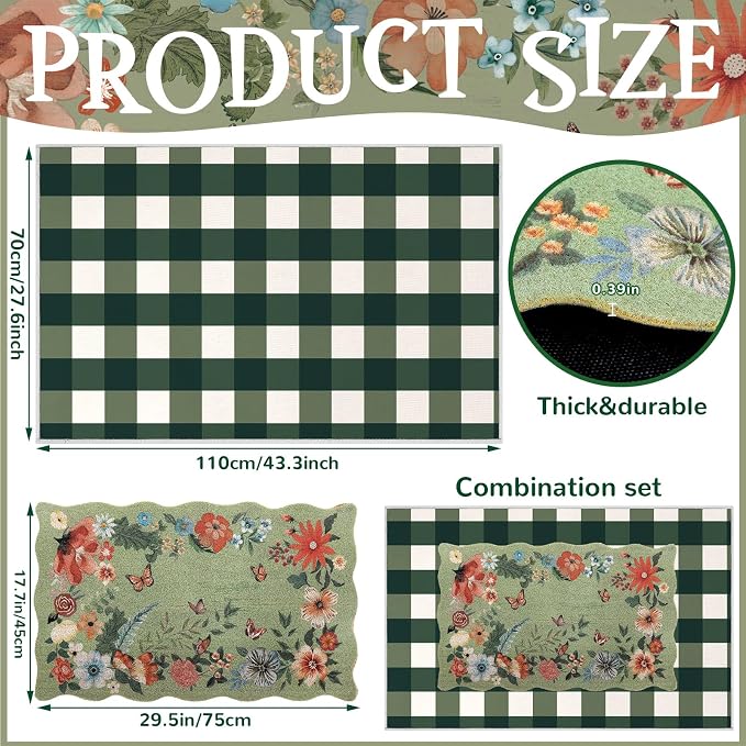Fourluoo 2 Piece Floral Door Mat Floral Scalloped Coco Coir Doormats Green and White Plaid Welcome Mat 28 x 40 Inch Non Slip Boho Layering Front Door Rug for Indoor Outdoor Entrance Front Porch