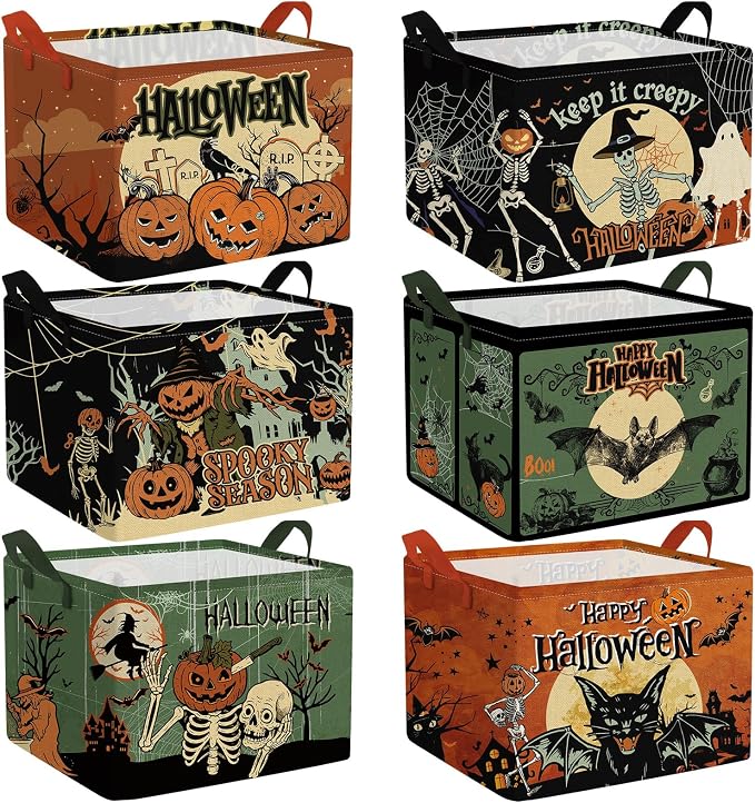 Bucherry 6 Pack Vintage Halloween Storage Basket Spooky Gifts Canvas Bins | Collapsible with Handles, Skull Bat Ghost Pumpkin Witch Designs, Gift Basket, Canvas Organizer for Home Office Closet Shelf
