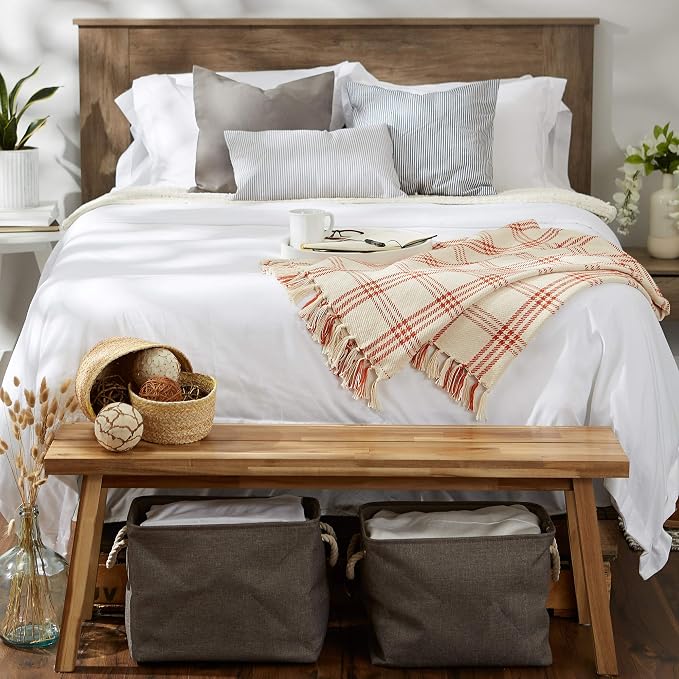 DII Modern Farmhouse Plaid Collection Cotton Fringe Throw Blanket, 50x60, White/Vintage Red