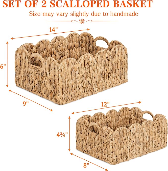 LUSYDECO Set of 2 Scalloped Edge Wicker Storage Basket with Built-in Handles, Rectangle Water Hyacinth Basket for Organizing, Decorative Woven Rattan Basket for Shelf, Nursery Room
