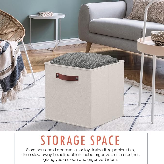 Ornavo Home 11x11 Foldable Fabric Storage Cube Bins, 6 Pack, Beige | Collapsible Linen Shelf Basket Organizer; Leather Handles; Ideal Cube Storage For Closet