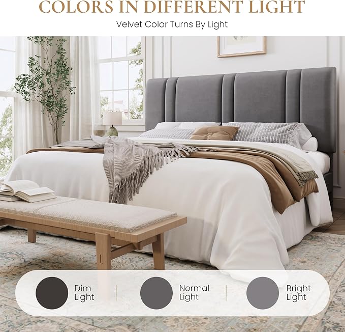 SHA CERLIN King Size Velvet Bed Frame with Adjustable Headboard, Grey | Vertical Channel Tufted Design, Upholstered Platform Bed, Wood Slats Support/No Box Spring Needed/Easy Assembly