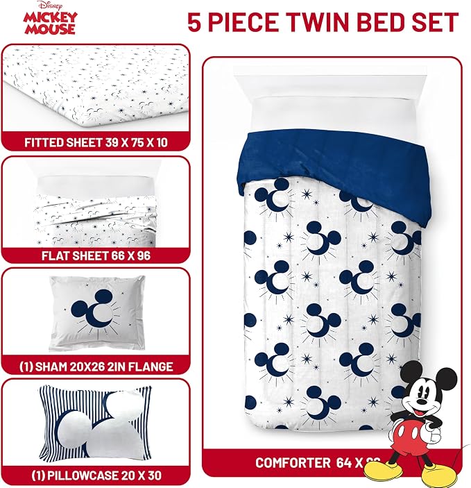 Disney Mickey Mouse Twin Comforter Set 5 Piece Celestial Bedding, White | Bed in a Bag, Comforter Sheets Sham Pillowcase, Official Product, Soft Microfiber, Machine Washable, Easy Care