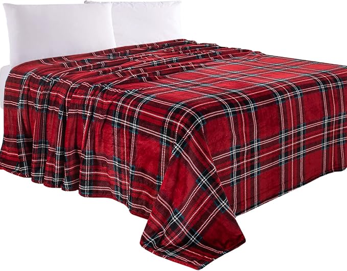 Elegant Comfort Luxury Velvety Feel Blanket, All-Season Lightweight Blanket, Ultra Plush, Soft, Cozy-Fuzzy Flannel Fleece for Couch, Sofa, Bed, Travel, Plaid Design, Twin/Twin XL, Burgundy