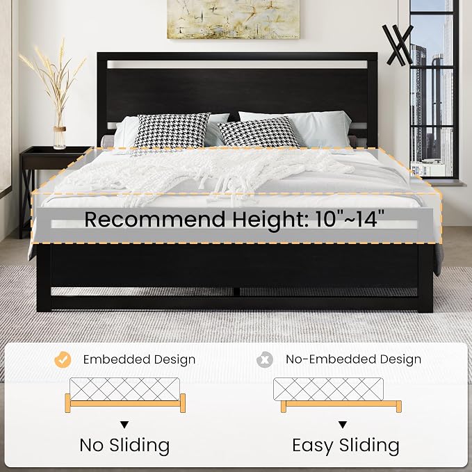 SHA CERLIN Heavy Duty King Size Bed Frame with Modern Headboard, Black | Platform Metal Base with Footboard and 13 Slats Support, No Box Spring Needed