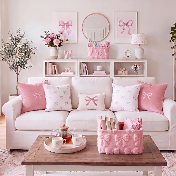 2 Pcs Pink Bow Storage Baskets 14x10'' Back to School Gift Baskets Foldable Fluffy Laundry Storage Bin with Handle Coquette Closet Organizer for Preppy Dormitory Countertop Tabletop Shelf