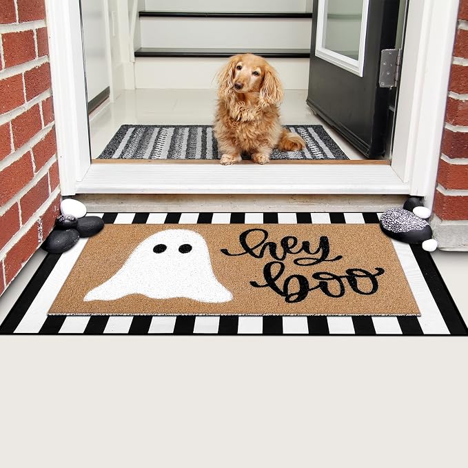 Tinideya 2 Pcs Halloween Door Mat Outdoor Hey Boo Ghost Welcome Doormats for Front Door Non Slip Ghost Coir Floor Mat Black White Stripe Halloween Rug for Entryway Front Porch Outside Decor