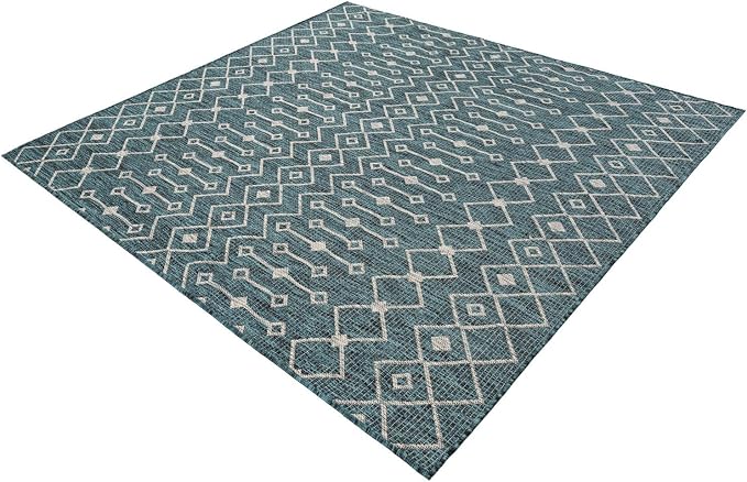 Unique Loom Outdoor Trellis Collection Area Rug - Tribal Trellis (6' 1" Square Teal/Ivory)