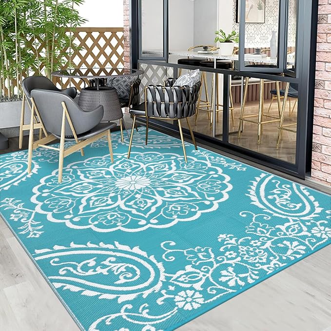 Pauwer Outdoor Rug 5x8, Waterproof Plastic Straw Camping Rug, Boho Teal | Reversible Patio Rug, UV Resistant Indoor Outdoor RV Mat Carpet For Deck, Camper, Porch, Balcony, Backyard, Picnic, Foldable
