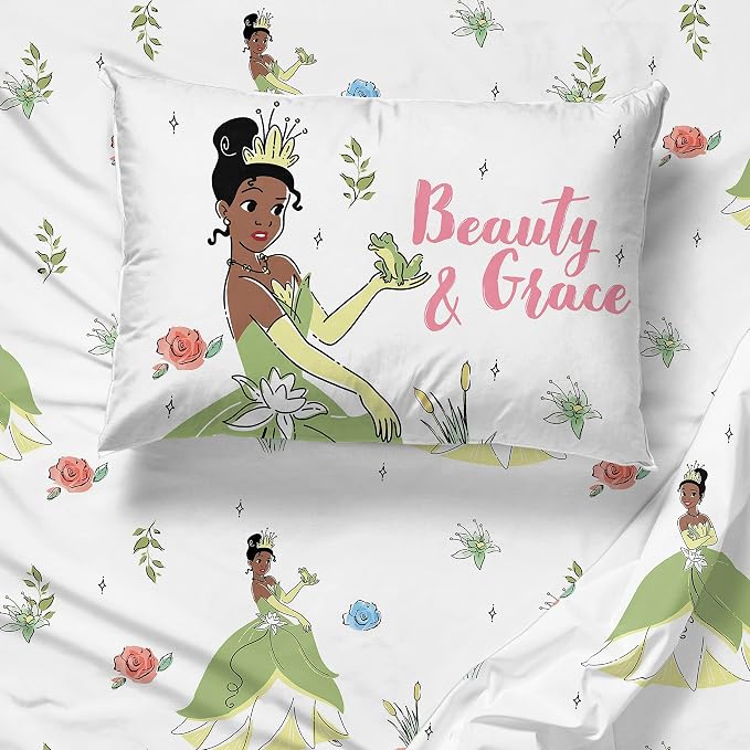Jay Franco Kids Sheet Cartoon Set with Fitted, Flat Sheets & Pillow Cover - Ultra-Soft Bedding with Pillowcase for Room Decor, White - Tiana, 3 Piece Twin