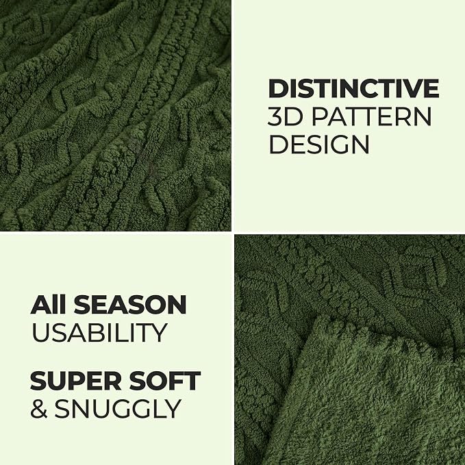 SUPERIOR Fleece Boho Jacquard Blanket, Decorative Blankets for Bedroom, Sofa, Fuzzy, Plush, Fluffy, Soft, Cute Room Decor, Beautiful Cover, Comfort Essentials, Arctic Collection, Twin, Green