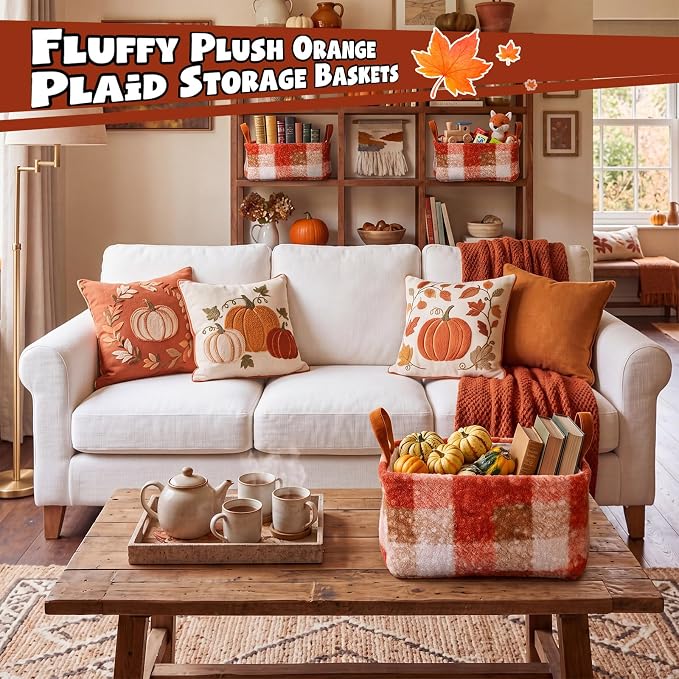 2 Pcs Orange Checkered Storage Basket 14x10'' Fall Gift Baskets | Back to School Gift, Plaid, Foldable, Fluffy Boucle, Laundry, Closet Organizer Bin with Handle, Autumn, Home Tabletop Car