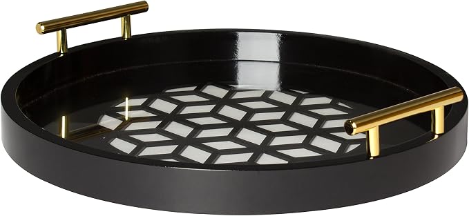 Kate and Laurel Caspen Round Cut Out Pattern Decorative Tray with Gold Metal Handles, Black