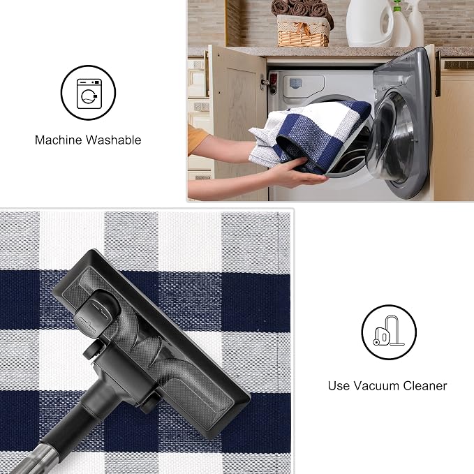 uxcell Buffalo Check Rug,Plaid Outdoor Rug,Layered Door Mat,Cotton Gingham Rugs,Floor Mat for Front Porch/Runner/Bedroom/Kitchen/Farmhouse 51"x24" Navy & White
