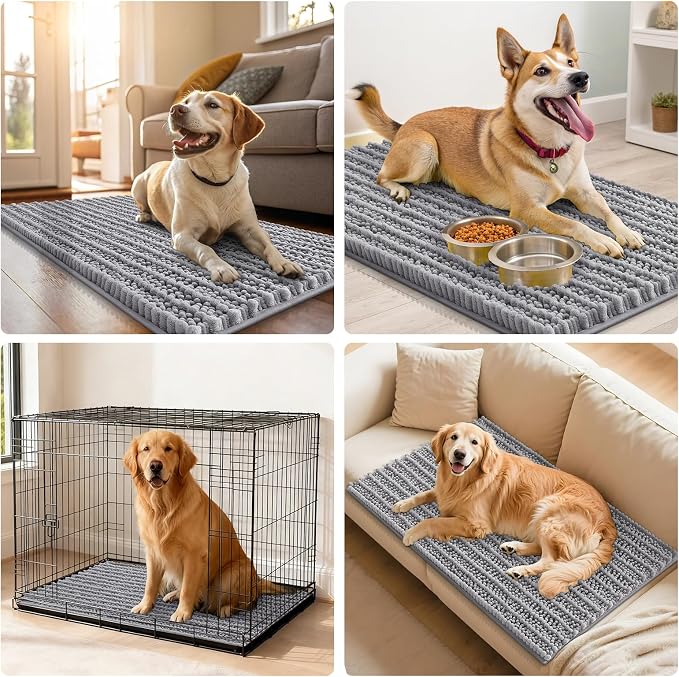 Smiry Dog Door Mat for Muddy Paws 47x17, Absorbent Dirt Trapper, Non-Slip Washable Chenille Entryway Rug for Inside Floor, Grey, Layered Pattern