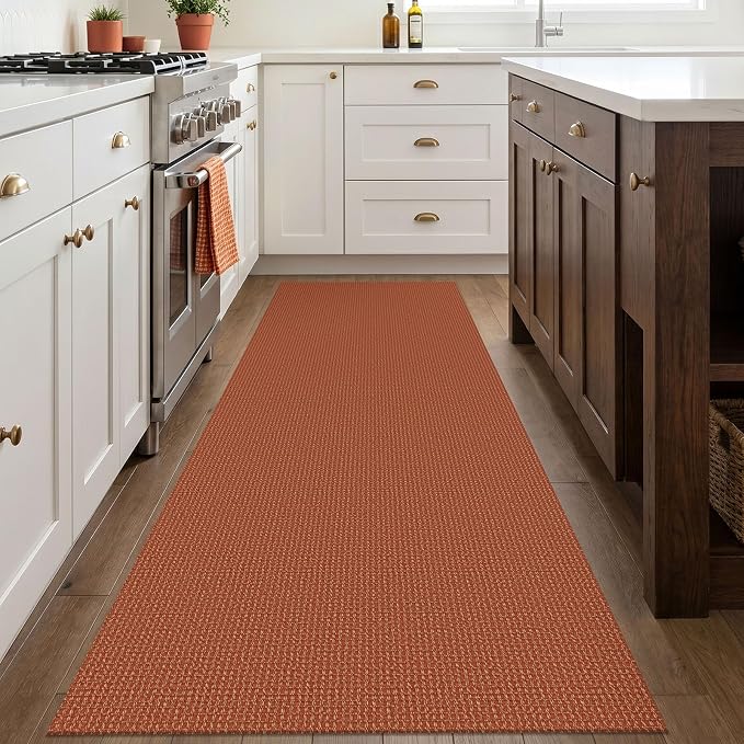 IOHOUZE Washable Runner Rug 3x8 Non Slip Rubber Backed Wide Hallway Runner Entryway Runner Indoor, Kitchen Rugs Woven Floor Carpet for Hall Entrance Bedroom, Burnt Orange/Tan