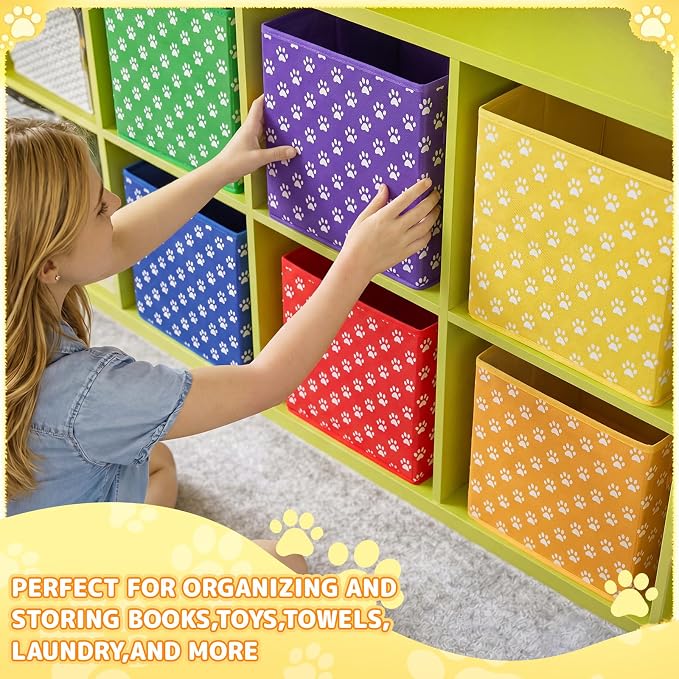 Kathfly 6 Pcs 11" Colorful Fabric Classroom Storage Bins Paw Print Themed Cubby Bins Storage Baskets with Handles for School Classroom Lost and Found Decor Office Home Organizer Supplies