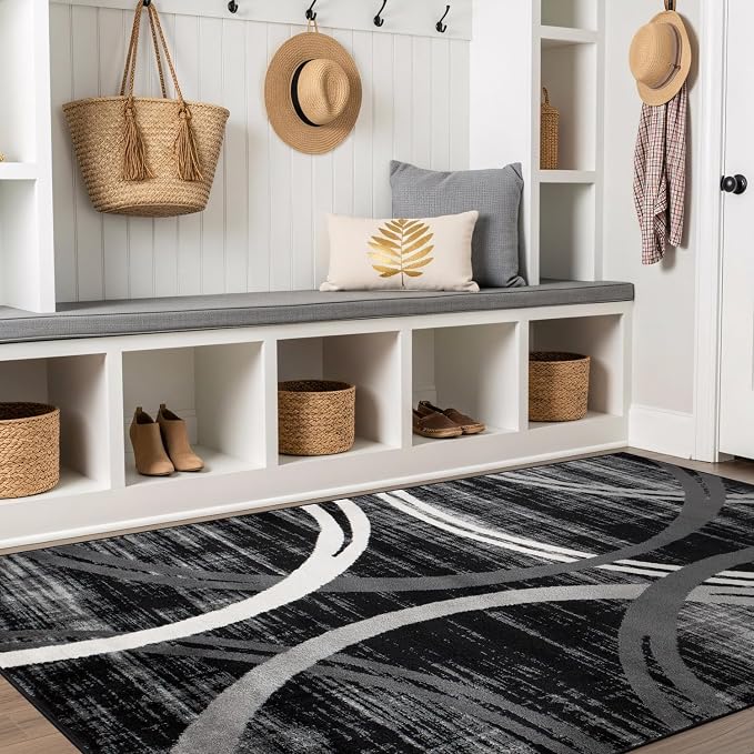 Rugshop Wavy Circles Modern Fade-Resistant Area Rug Black 6'6" x 9' | High Traffic,Fade Resistant, Living Room, Bedroom, Dining Room, Home Office, Kitchen, Entryway, Hallway, Nursery,Basement