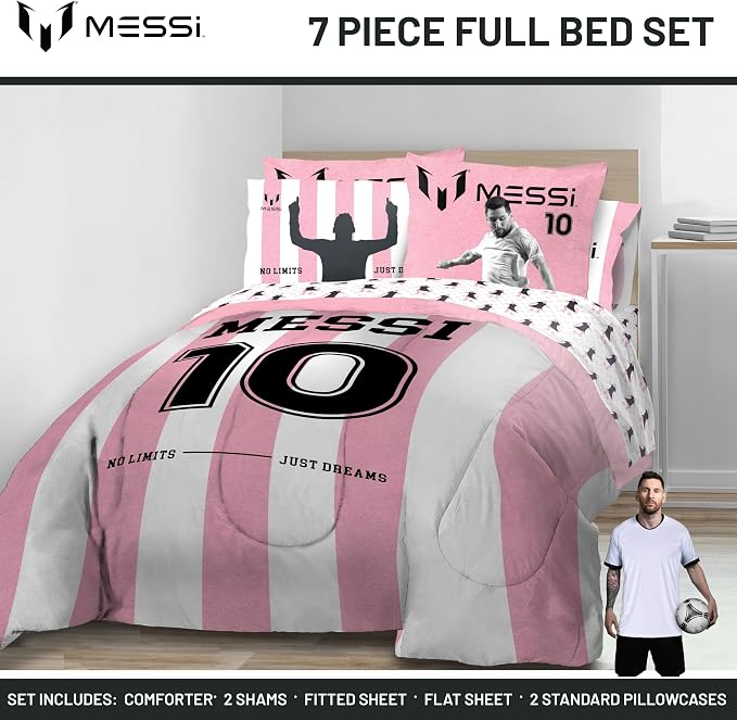Jay Franco Messi Full Comforter Set 7 Piece Soft Kids Sports Bedding, Pink | Bed in a Bag, Comforter Sheets Shams Pillowcases, Official Product, Soft Microfiber, Machine Washable, Kids Gift