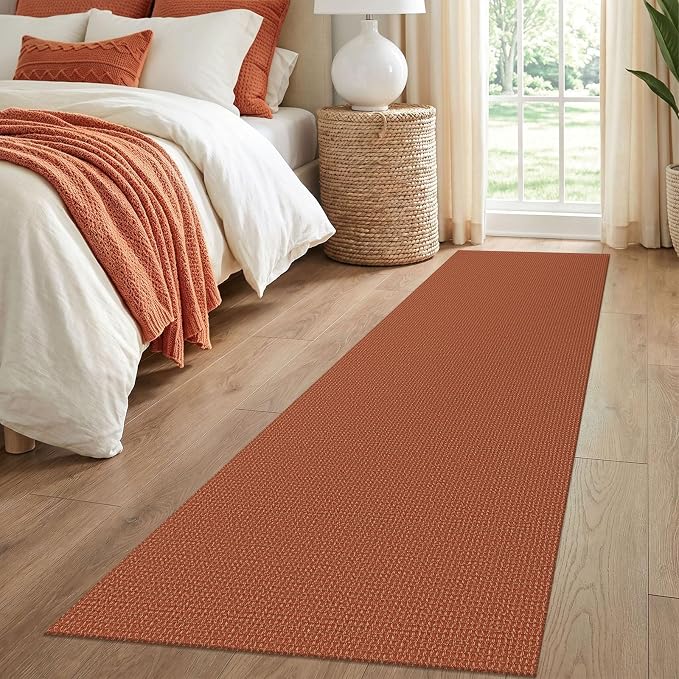 IOHOUZE Washable Runner Rug 2.6x8 Non Slip Rubber Backed Wide Hallway Runner Entryway Runner Indoor, Kitchen Rugs Woven Cotton Floor Carpet for Hall Entrance Bedroom, Burnt Orange/Tan