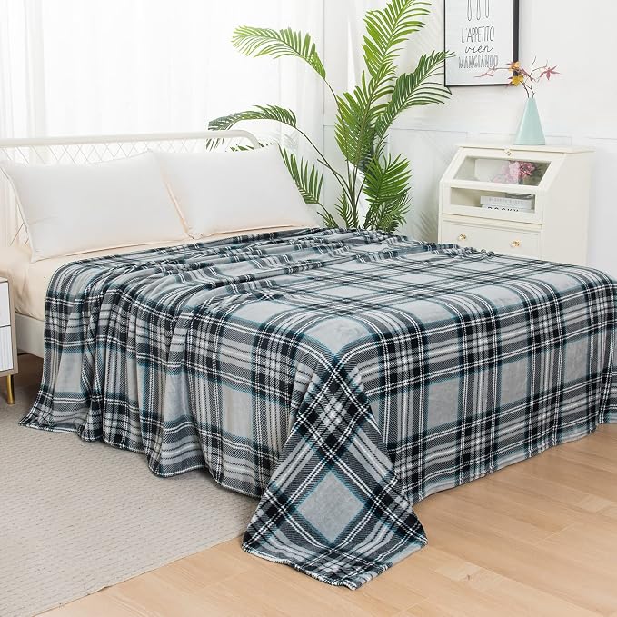 Elegant Comfort Luxury Velvety Feel Blanket, All-Season Lightweight Blanket, Ultra Plush, Soft, Cozy-Fuzzy Flannel Fleece for Couch, Sofa, Bed, Travel, Plaid Design, Full/Queen, Silver Gray