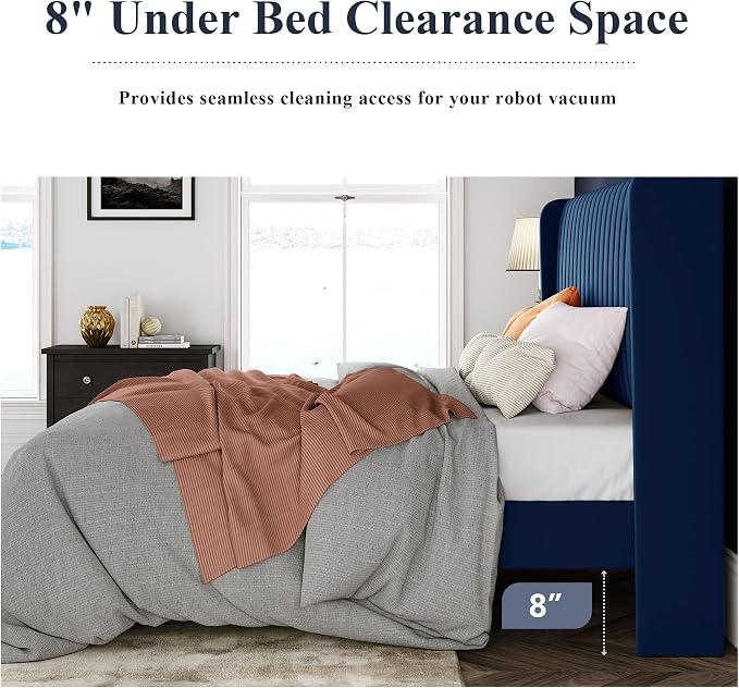 Allewie Full Size Velvet Bed Frame/Vertical Channel Tufted Wingback Headboard/Upholstered Platform Bed/Strong Wooden Slats/No Box Spring Needed/Easy Assembly/Blue
