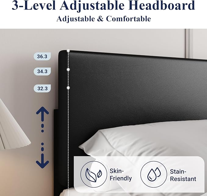 Allewie King Size Faux Leather Bed Frame, Adjustable Headboard, Black | Platform Bed with Heavy Duty Mattress Foundation, Noise-Free, Easy Assembly, Wood Slat Support, No Box Spring Needed