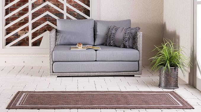 Unique Loom Outdoor Border Collection Area Rug - Soft Border (2'x 6' 1" Runner, Brown/ Ivory)