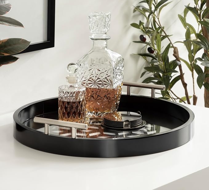 Kate and Laurel Caspen Cut Out Pattern Decorative Round Tray with Silver Metal Handles; 16 x 16; Black and Silver; Modern Glam Serving Tray with Handles for Living Room Decor