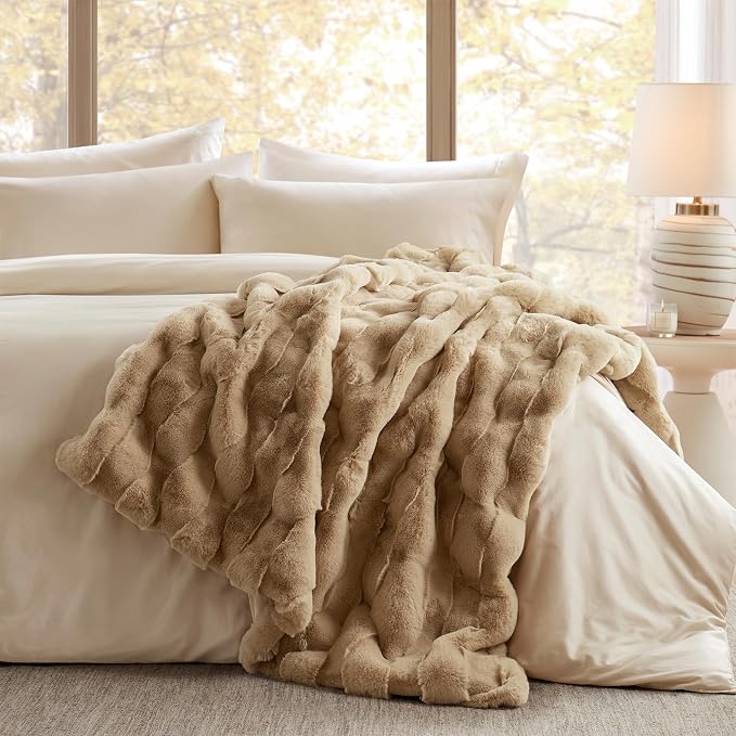 Madison Park Vivienne Faux Fur Throw Blanket Velvet, 50 x 60, Tan | All Season, Cozy Warmth for Sofa or Bed, Reversible, Lightweight, OEKO-TEX Certified