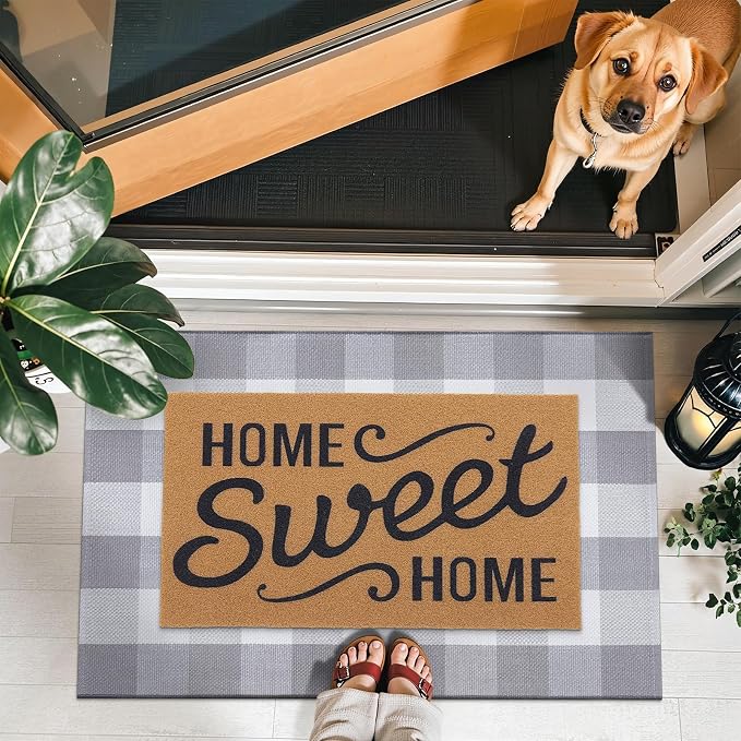 OLANLY Buffalo Plaid Rug 2'4" x 3'7" (27.5" x 43") – Grey and White Cotton Checkered Doormat, Washable Indoor Outdoor Rug for Layered Front Porch, Kitchen, Entryway Decor