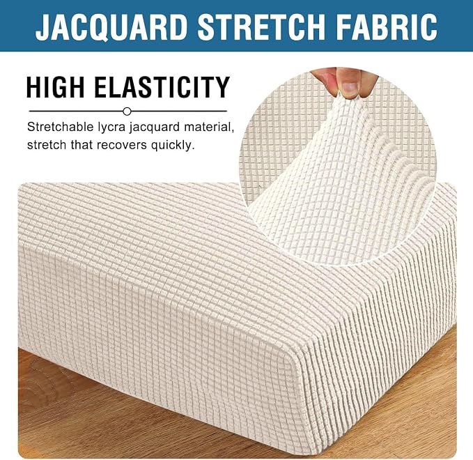 H.VERSAILTEX Super Stretch Individual Seat Cushion Covers - Sofa Couch Cushion Slipcover Sets - Thick Jacquard Textured Twill Fabric - Large (2 Piece, Ivory)