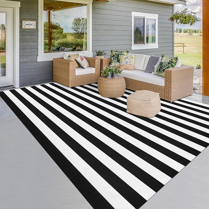 Black and White Striped Rug Woven Mat Outdoor Area Carpet 8x10 Feet | Black and White Thick Stripes Rug Cotton Washable Indoor/Outdoor Area Rug for Living Room Bedroom Bathroom Home Decor Carpet