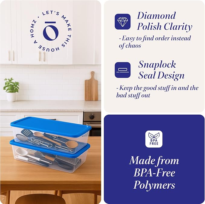 HOMZ Snaplock Clear Plastic Bin 41 Quart/10 Gallon | Storage Tote with Secure Lid | for Home, Office, Garage, Dorm Room Organizer | Stackable & Nestable | Blue Lid, Pack of 2