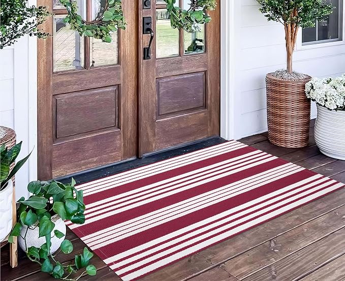 Red and White Striped Rug 24'' x 51'' Front Porch Rug Hand-Woven Machine Washable Indoor/Outdoor Layered Door Mats for Entryway/Bedroom/Outdoor