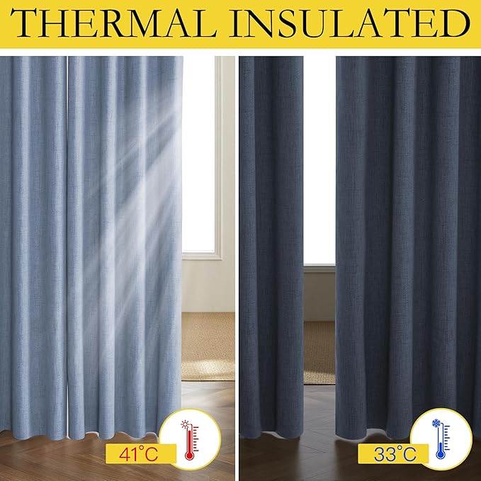 NICETOWN Stone Blue Vintage Linen 100% Blackout Curtains for Playroom, Thermal Insulated Curtains 72" Long, Noise Reducing Window Treatment Drapes for Laundry Room, 62" Wide Per Panel, Set of 2