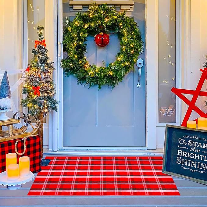 Ckorzen Red Green and White Plaid Rug, 28" x 43" Christmas Front Porch Outdoor Rug, Handwoven Cotton Washable Rug for Layered Door Mats, Holiday Entryway and Home Décor