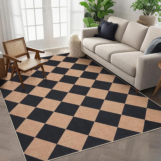 COZYLOOM 5x7 Outdoor Patio Rug Machine Washable Area Rugs for Living Room Non Slip Stain Resistant Diamond Print Jute Rug Foldable Non Shedding Geometric Carpet for Bedroom, RV, Backyard, Brown