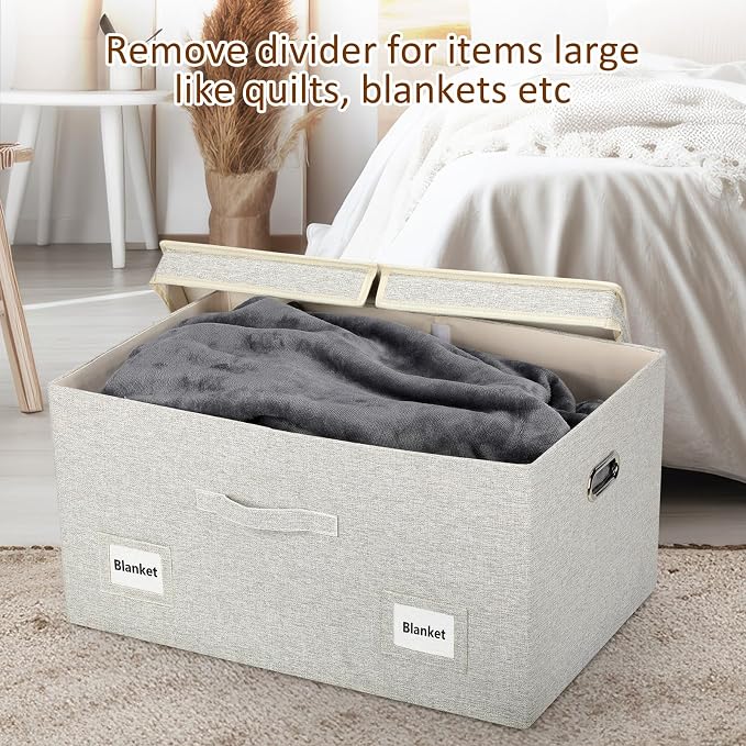 Storage Bins with Lids Fabric Closet Organizers Cubes Office Organization | 75 Quarts 1 Pack Beige Collapsible Stackable Linen Fabric 4 Handles Bedroom Closet Cabinet Under Bed Clothes Toy Office File