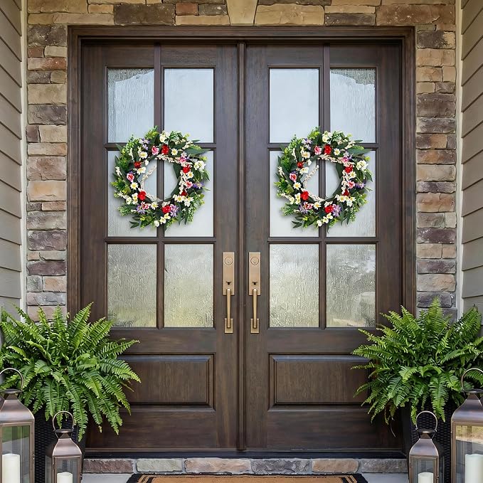 Garvee 20 Inch Artificial Spring Flower Wreath for Front Door | Colorful Floral Door Wreath with Eucalyptus Leaves, Daisies, and Mixed Blooms for Indoor Outdoor Porch Wall Window Home Decor