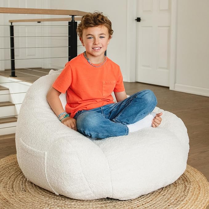 Big Joe Cloudberry Bean Bag Chair, Foam-Filled Structured Seat, Teddy Boucle, Icing, Kids | Premium Shredded Foam Filled, Teddy Boucle, Safe for Kids Ages 3 and Up, Supports Up to 150 lbs, Perfect for Bedroom