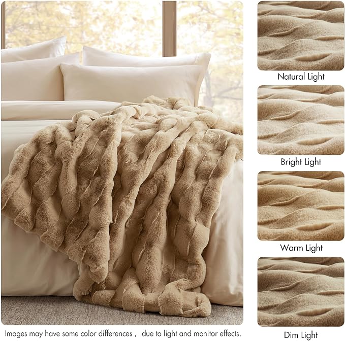 Madison Park Vivienne Faux Fur Throw Blanket Velvet, 50 x 60, Tan | All Season, Cozy Warmth for Sofa or Bed, Reversible, Lightweight, OEKO-TEX Certified