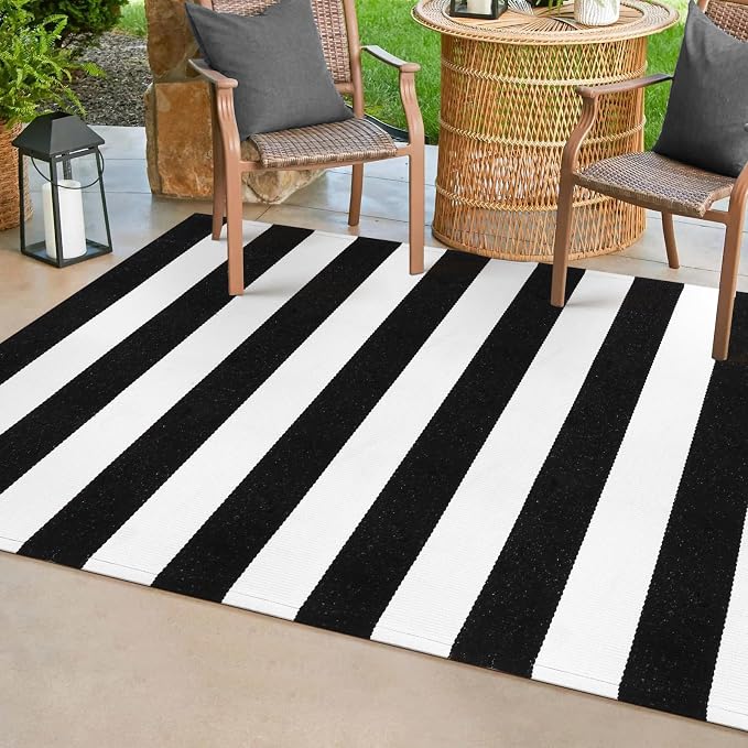 Collive Black and White Outdoor Rug 3'x 5', Hand Woven Washable Striped Outdoor Rug, Farmhouse Fall Front Porch Rug Decor, Welcome Layered Door Mats for Front Door Entryway Patio