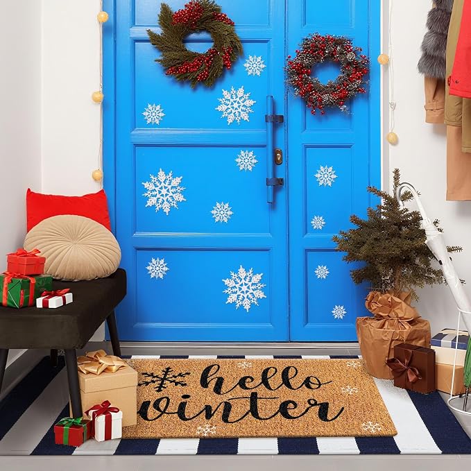 Moucuny 2 Pcs Hello Winter Door Mat Outdoor Snowflake Nature Coir Welcome Outdoor Rug Dark Blue White Stripe Front Door Rugs Non Slip Floor Mats for Winter Entrance Front Porch Decor