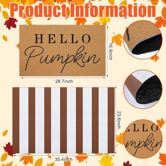 Tinideya 2 Pcs Fall Layered Doormats, Hello Pumpkin Welcome Mats | Front Porch Entryway Decor, Layering Doormats Seasonal, Non Slip