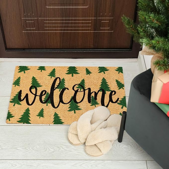 JarThenaAMCS Christmas Tree Door Mat 16.5 x 29 Inch Christmas Coir Doormat Green Xmas Tree Welcome Floor Mat Non-Slip Entrance Door Rugs for Indoor Outdoor Bathroom Decor